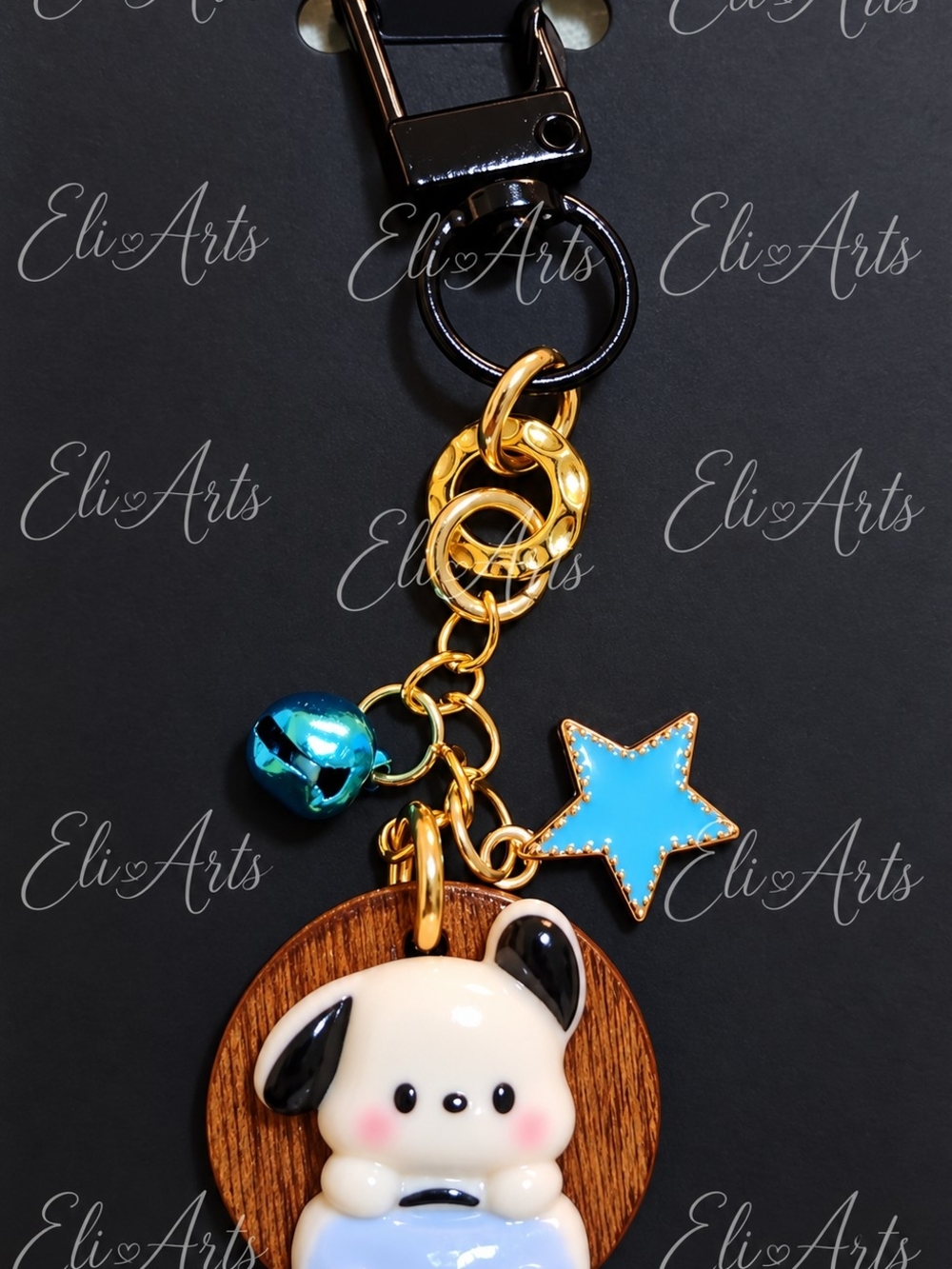 Cute Puppy Wooden Keychain with Star & Bell Charms